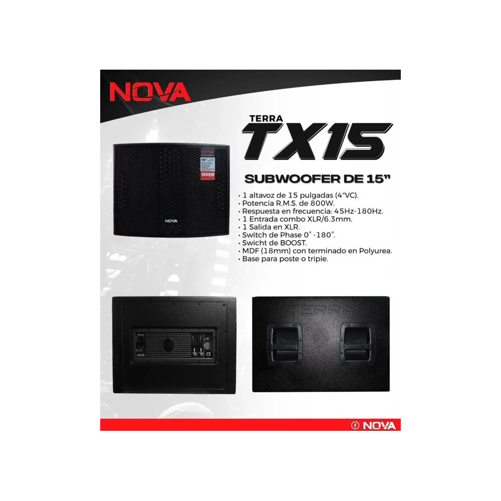 Subwoofer amplificado VAMAV Terra TX15 de 15 pulgadas y 800W RMS.