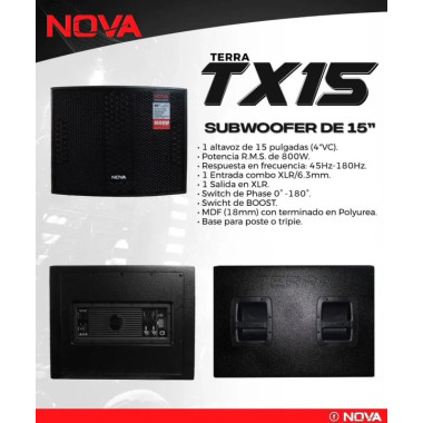 Subwoofer amplificado VAMAV Terra TX15 de 15 pulgadas y 800W RMS.