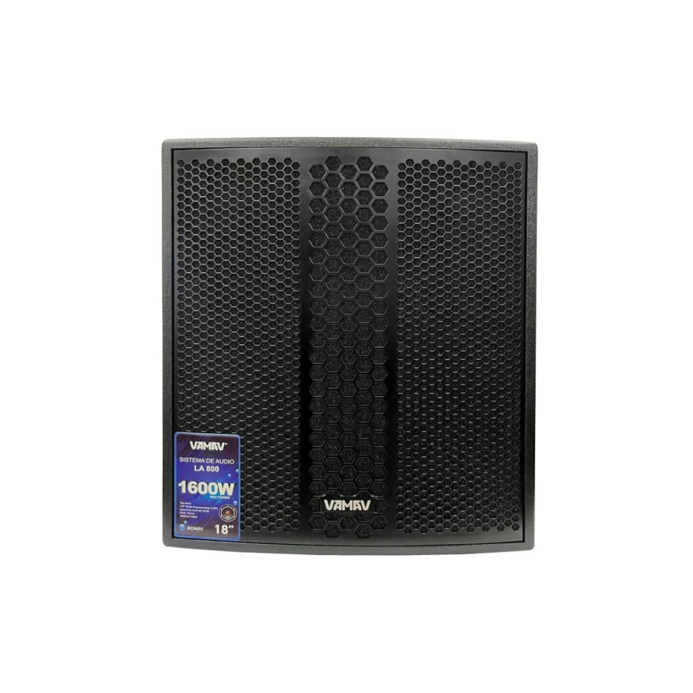Sistema de audio lineal VAMAV LA800 con subwoofer de 18" y 2 arreglos satélite.