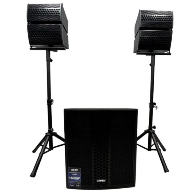 Sistema de audio lineal VAMAV LA800 con subwoofer de 18" y 2 arreglos satélite.