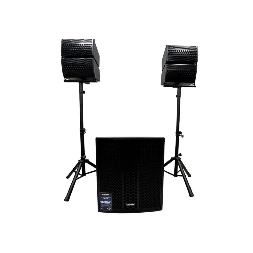 Sistema de audio lineal VAMAV LA800 con subwoofer de 18" y 2 arreglos satélite.